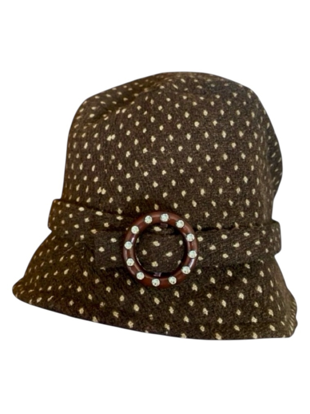 Vintage Manhattan Hat Company Brown Polka Dot Cloche Bucket Hat Rhinestone OS